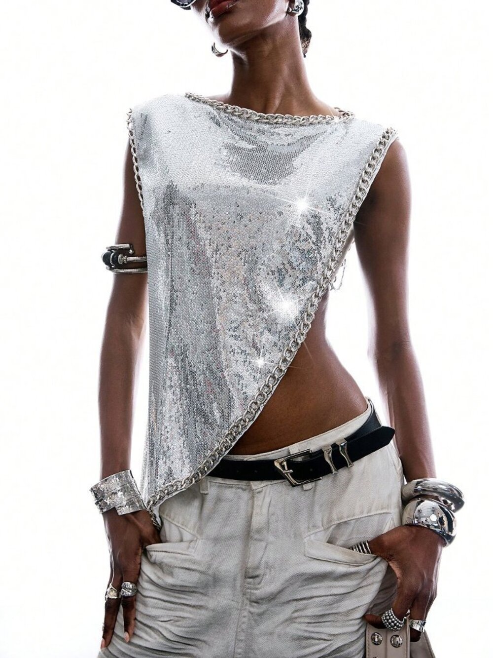 Silver Party Women's Sequin Chain Asymmetrical Hem Regular Fit Vest Top